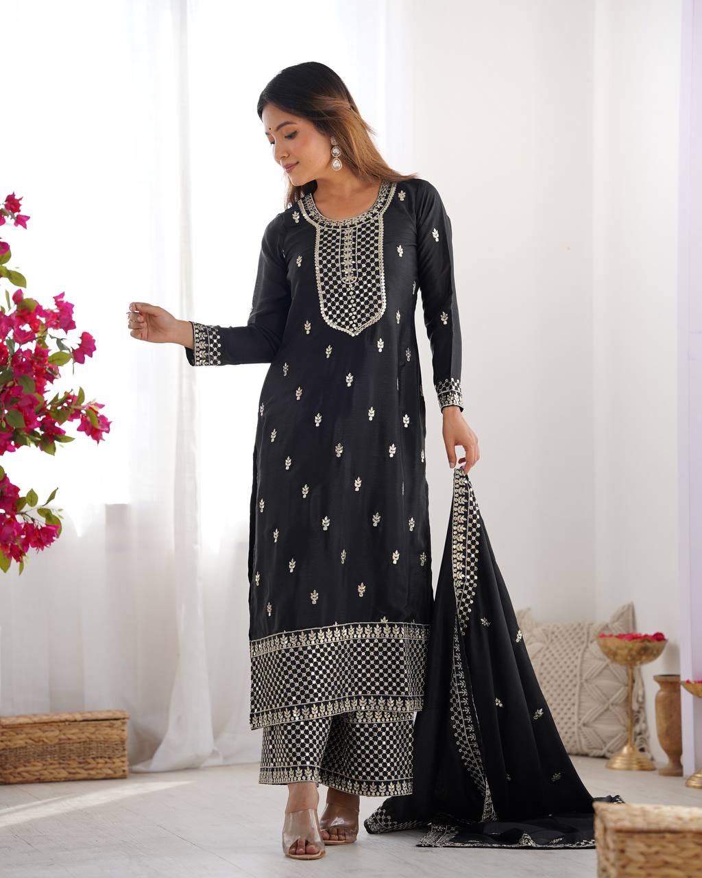 Black Chinon Silk With Thread And Sequence Work Sharara Suit For Women