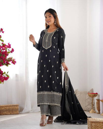 Black Chinon Silk With Thread And Sequence Work Sharara Suit For Women