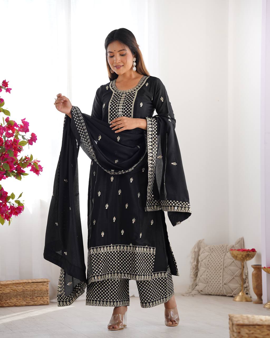 Black Chinon Silk With Thread And Sequence Work Sharara Suit For Women