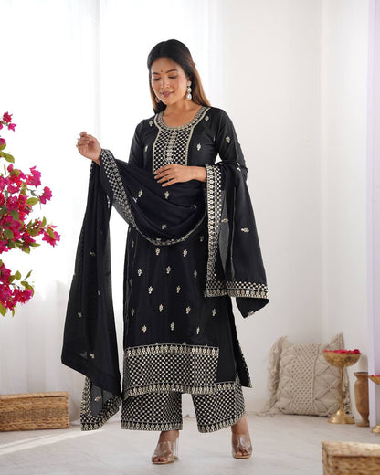 Black Chinon Silk With Thread And Sequence Work Sharara Suit For Women