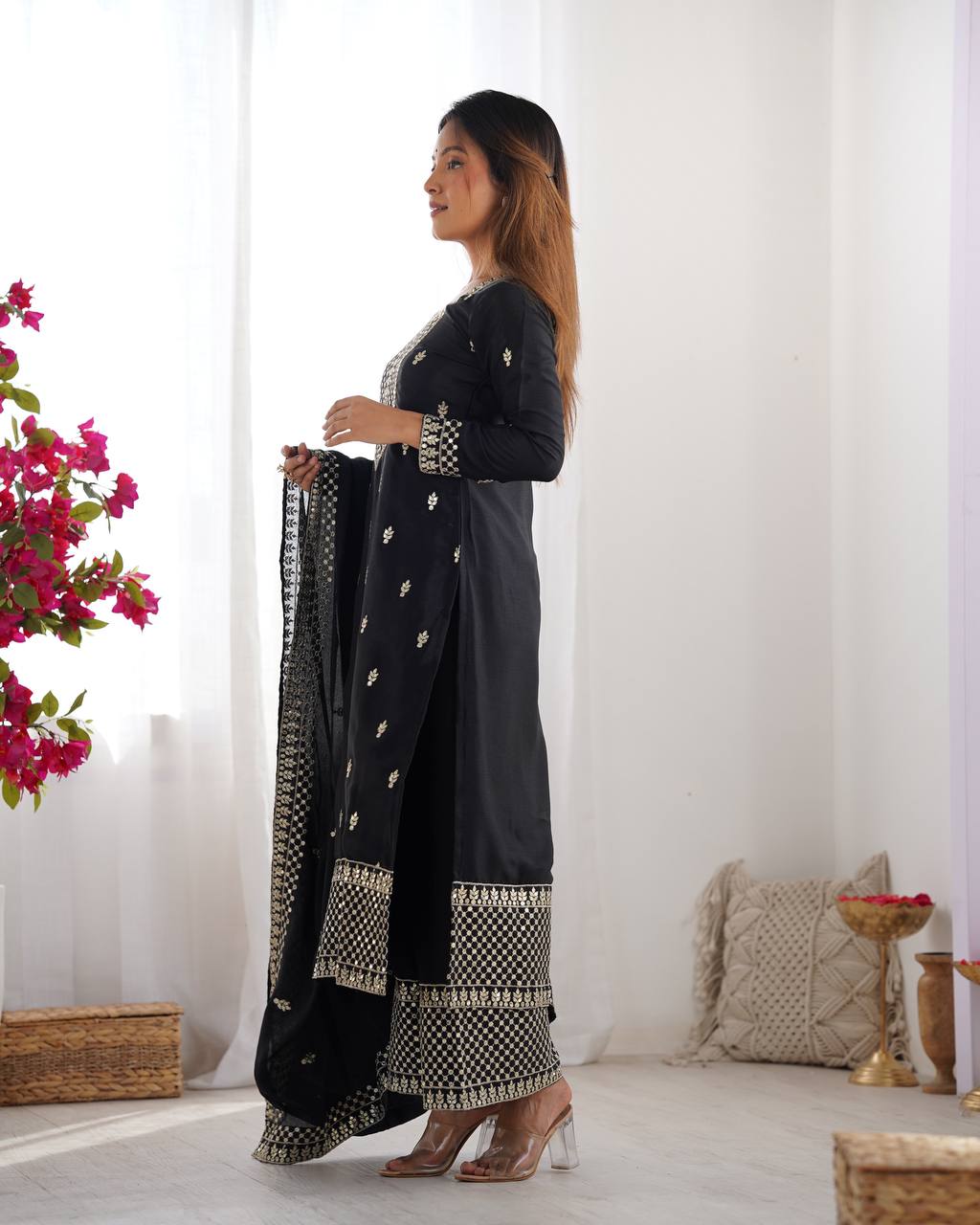 Black Chinon Silk With Thread And Sequence Work Sharara Suit For Women