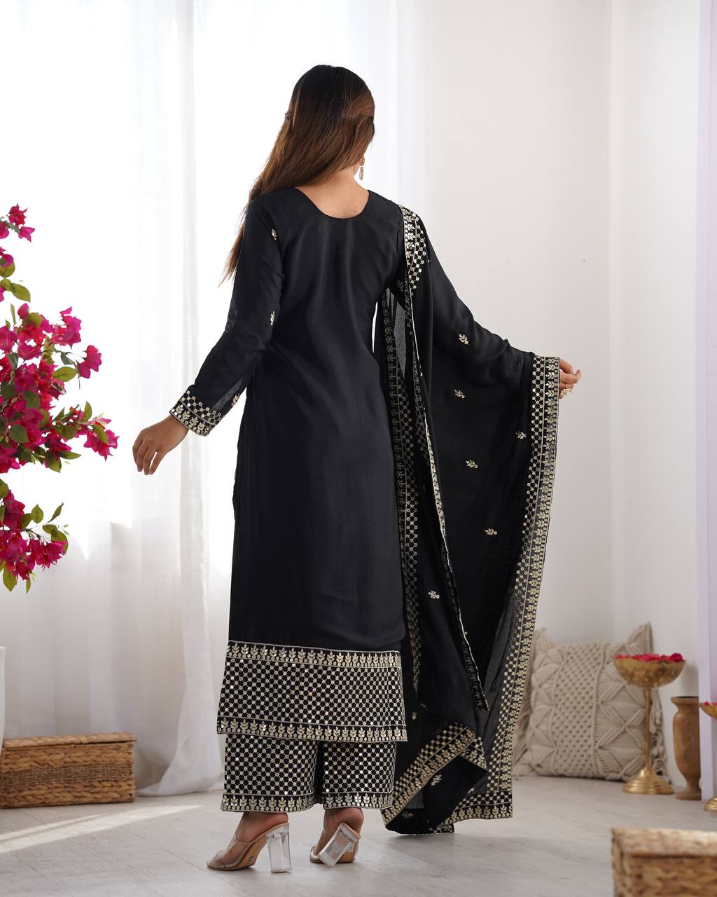 Black Chinon Silk With Thread And Sequence Work Sharara Suit For Women