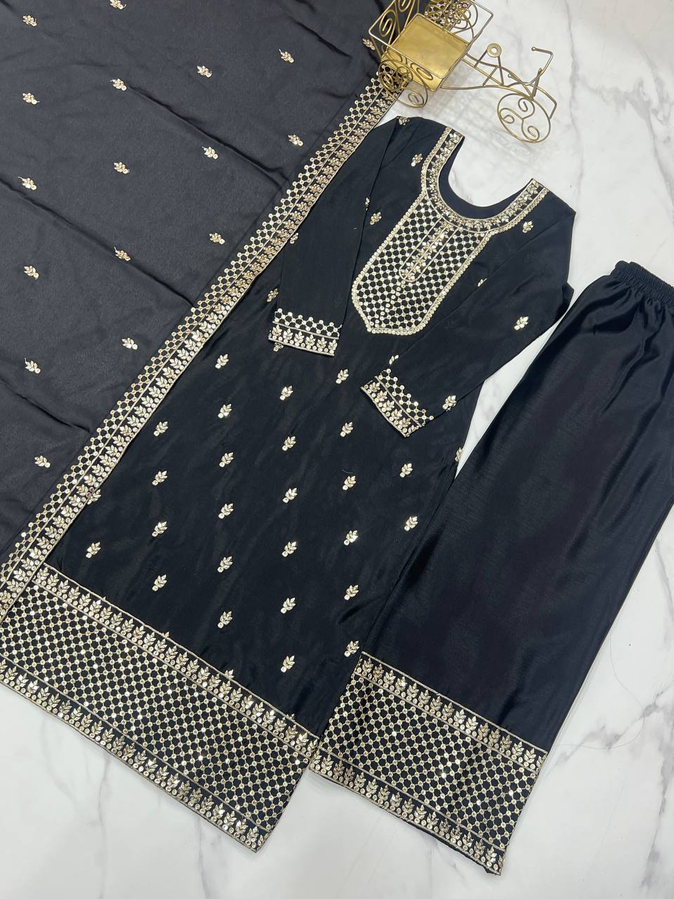 Black Chinon Silk With Thread And Sequence Work Sharara Suit For Women