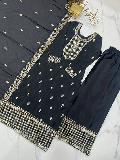 Black Chinon Silk With Thread And Sequence Work Sharara Suit For Women