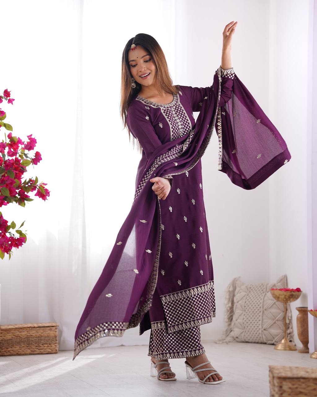 Purple Chinon Silk With Thread And Sequence Work Sharara Suit For Women