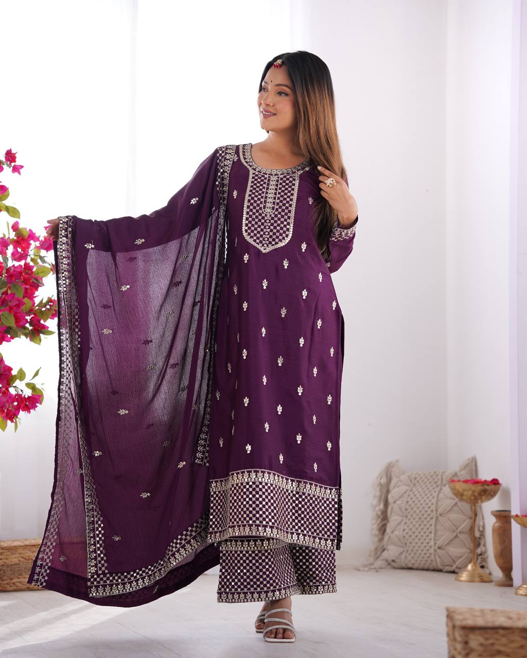 Purple Chinon Silk With Thread And Sequence Work Sharara Suit For Women