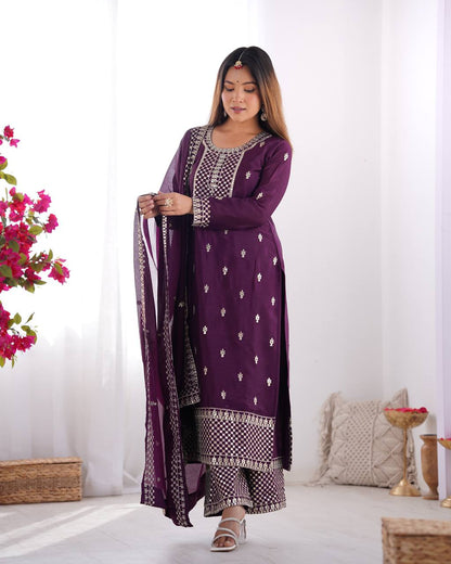 Purple Chinon Silk With Thread And Sequence Work Sharara Suit For Women