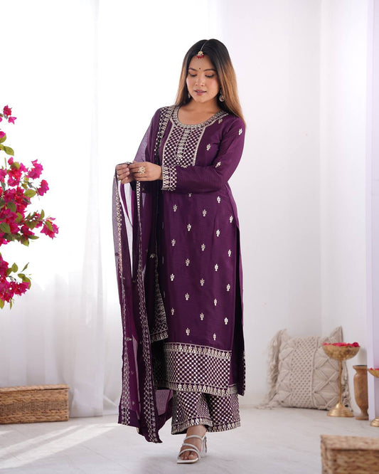 Purple Chinon Silk With Thread And Sequence Work Sharara Suit For Women