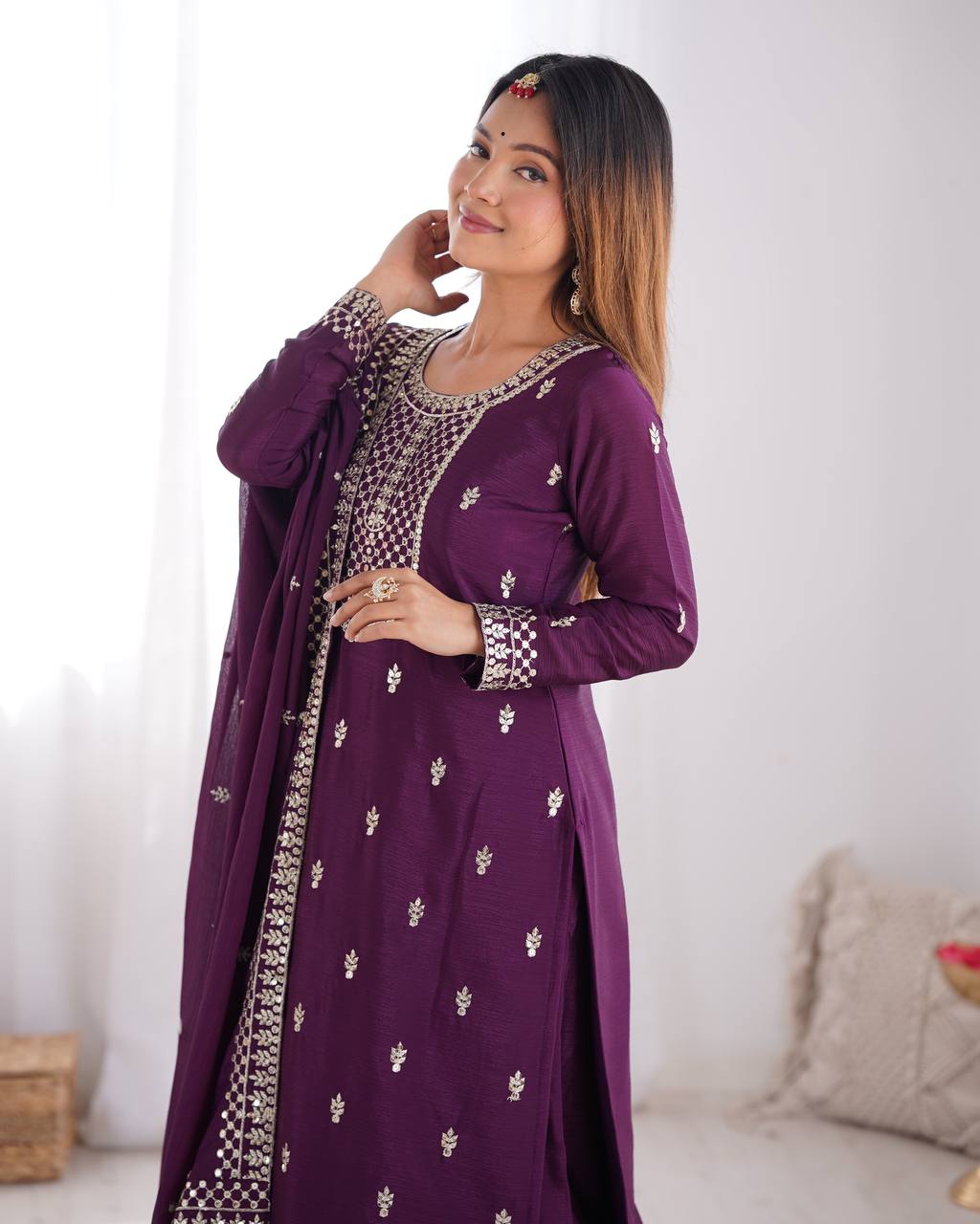 Purple Chinon Silk With Thread And Sequence Work Sharara Suit For Women
