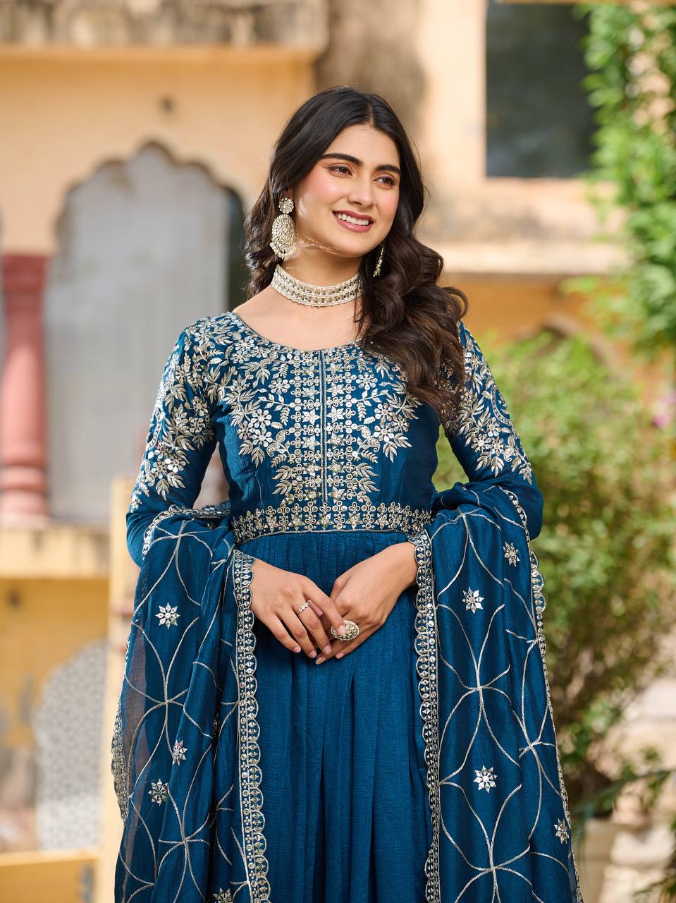 Vichitra Silk Designer Gown with Embroidered Work in Crimson for Festival