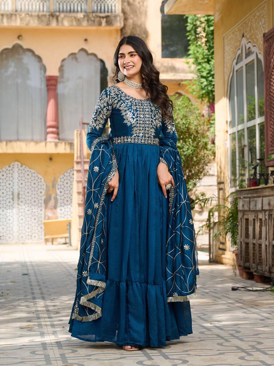 Vichitra Silk Designer Gown with Embroidered Work in Crimson for Festival