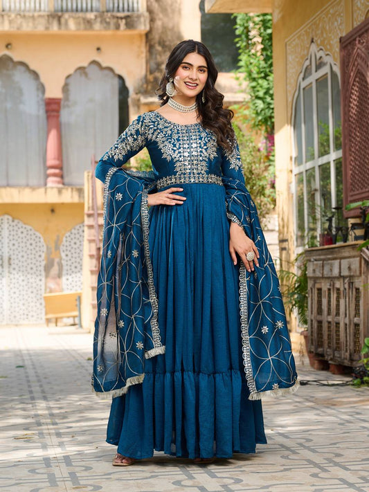 Vichitra Silk Designer Gown with Embroidered Work in Crimson for Festival
