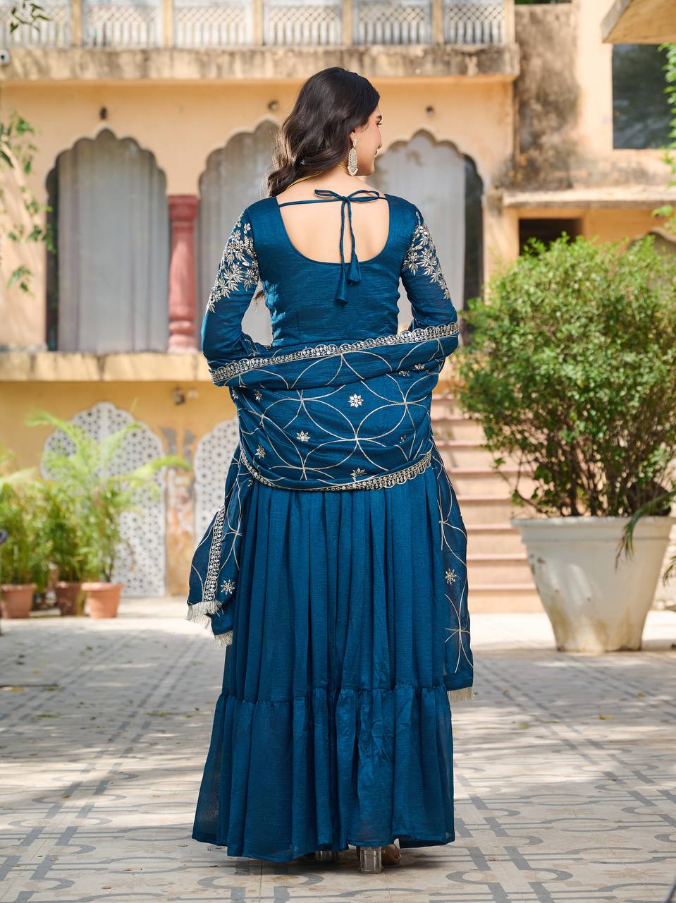 Vichitra Silk Designer Gown with Embroidered Work in Crimson for Festival