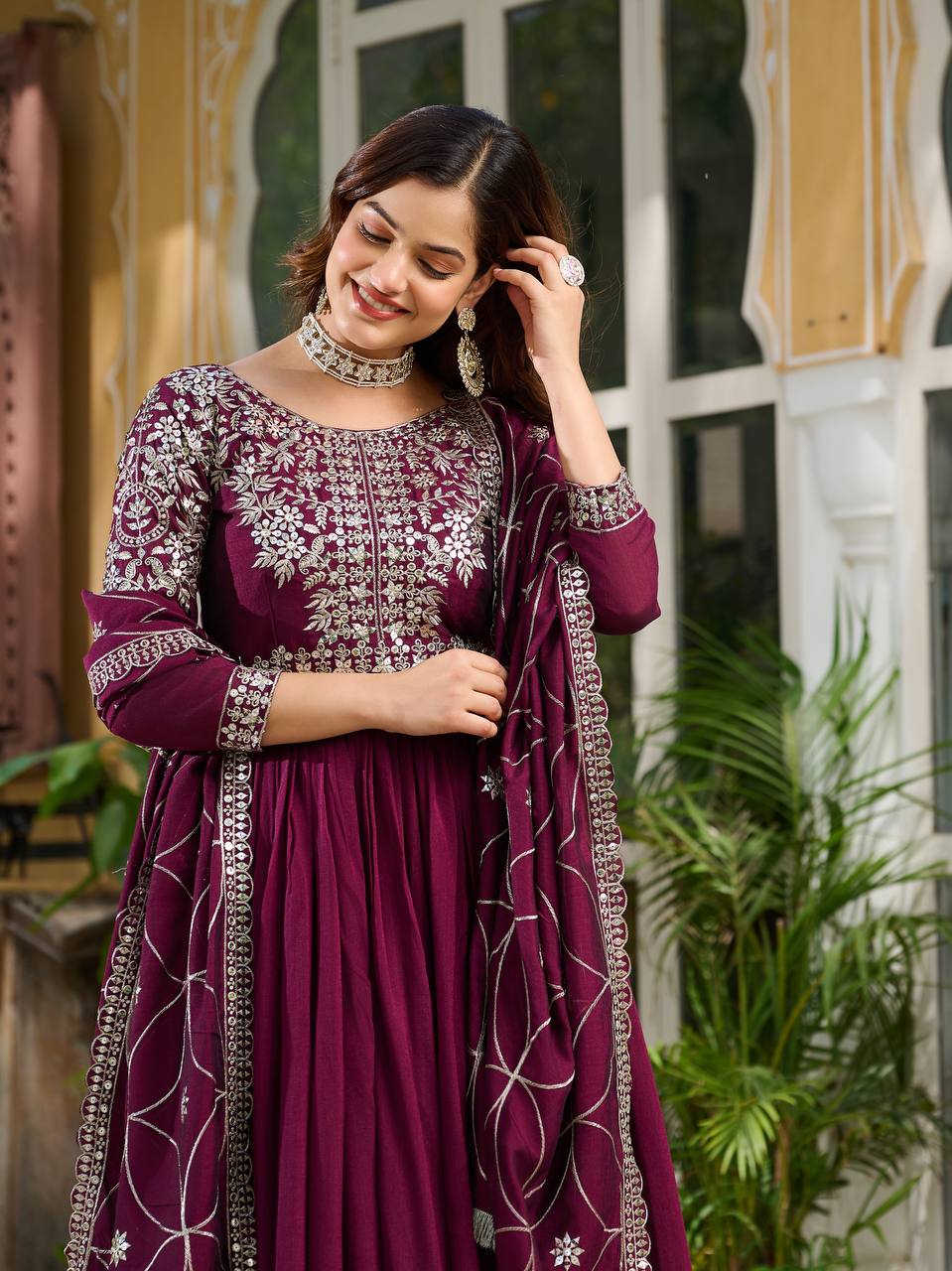 Vichitra Silk Designer Gown with Embroidered Work in Crimson for Festival