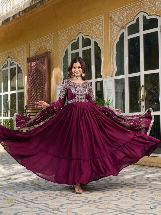 Vichitra Silk Designer Gown with Embroidered Work in Crimson for Festival