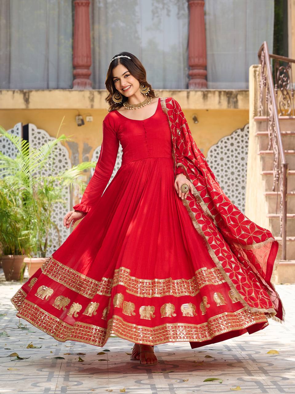 Red Colour Embroidery Work Festival Long Gown & Hevy Duptta