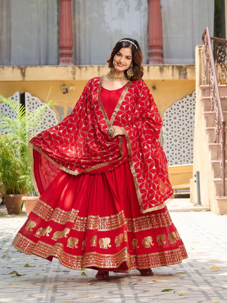Red Colour Embroidery Work Festival Long Gown & Hevy Duptta