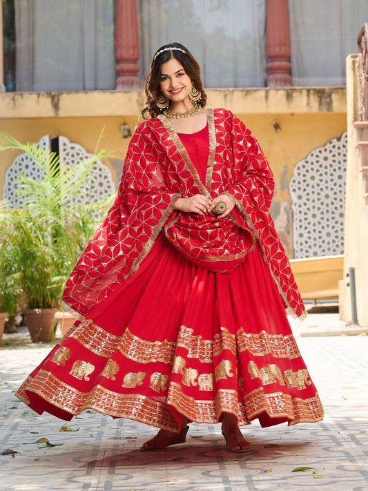 Red Colour Embroidery Work Festival Long Gown & Hevy Duptta