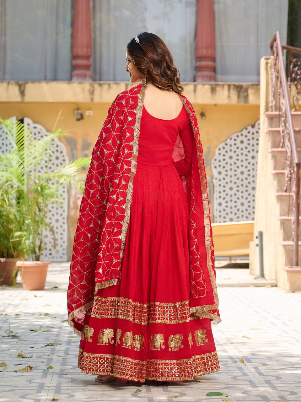 Red Colour Embroidery Work Festival Long Gown & Hevy Duptta