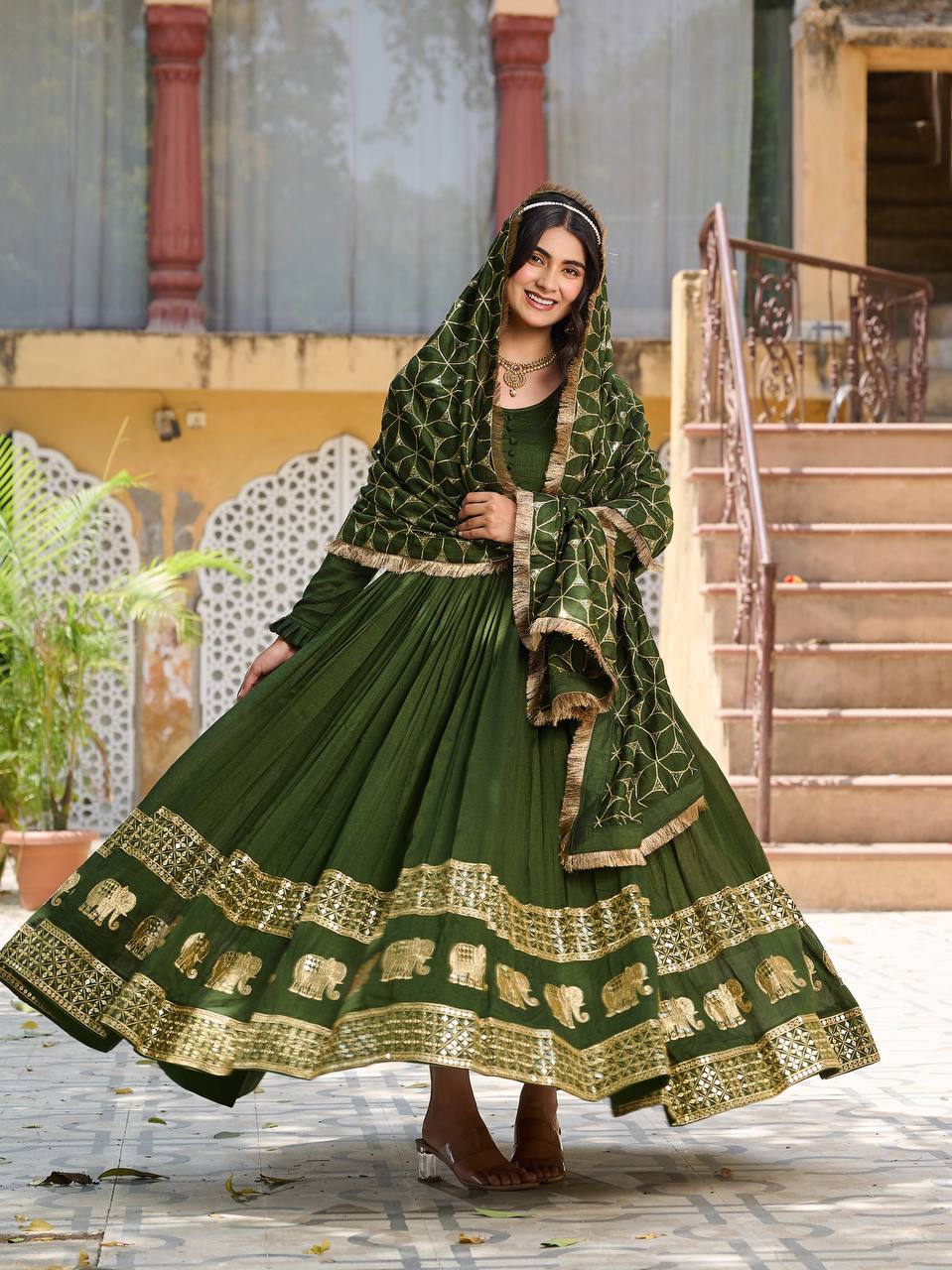 Green Colour Embroidery Work Festival Long Gown & Hevy Duptta