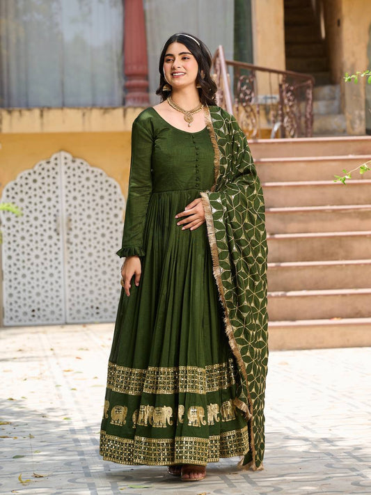 Green Colour Embroidery Work Festival Long Gown & Hevy Duptta