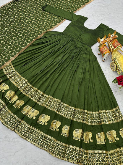 Green Colour Embroidery Work Festival Long Gown & Hevy Duptta