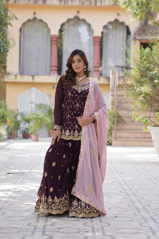 Wine Color Faux Blooming Embroidered Plazzo Suit
