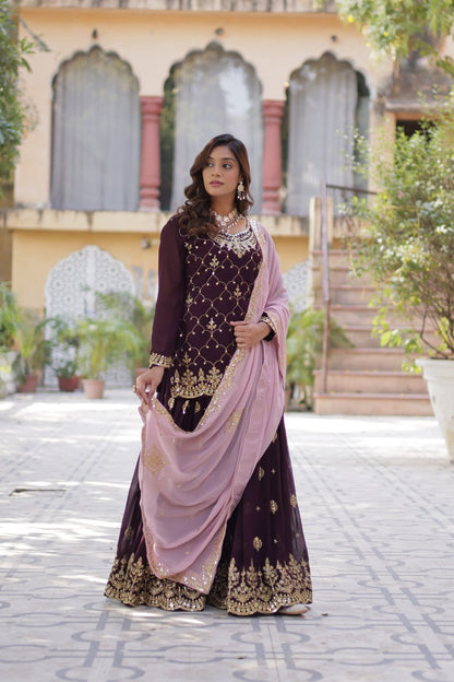 Wine Color Faux Blooming Embroidered Plazzo Suit