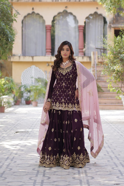 Wine Color Faux Blooming Embroidered Plazzo Suit