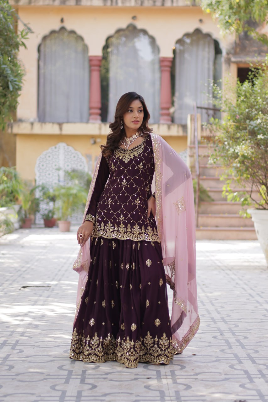 Wine Color Faux Blooming Embroidered Plazzo Suit