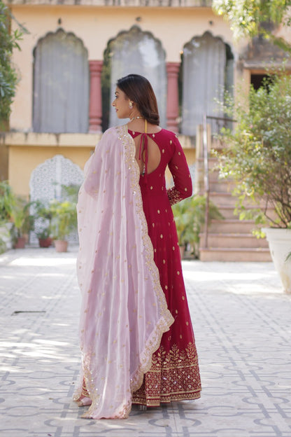 New Red Faux Blooming With Embroidery Zari Sequins Work Designer Readymade Gown