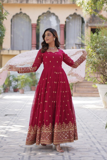 New Red Faux Blooming With Embroidery Zari Sequins Work Designer Readymade Gown