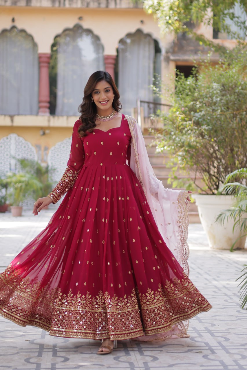 New Red Faux Blooming With Embroidery Zari Sequins Work Designer Readymade Gown