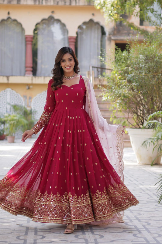 New Red Faux Blooming With Embroidery Zari Sequins Work Designer Readymade Gown