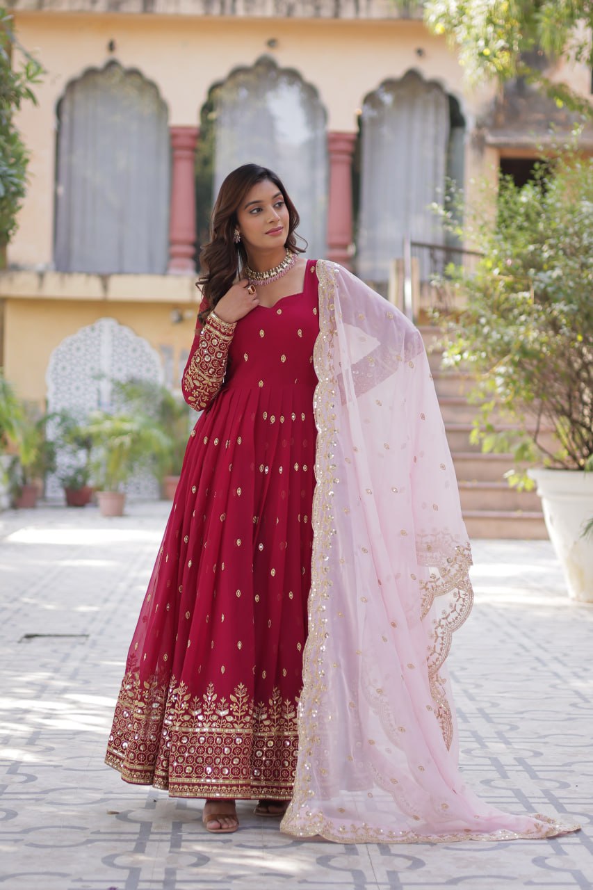 New Red Faux Blooming With Embroidery Zari Sequins Work Designer Readymade Gown