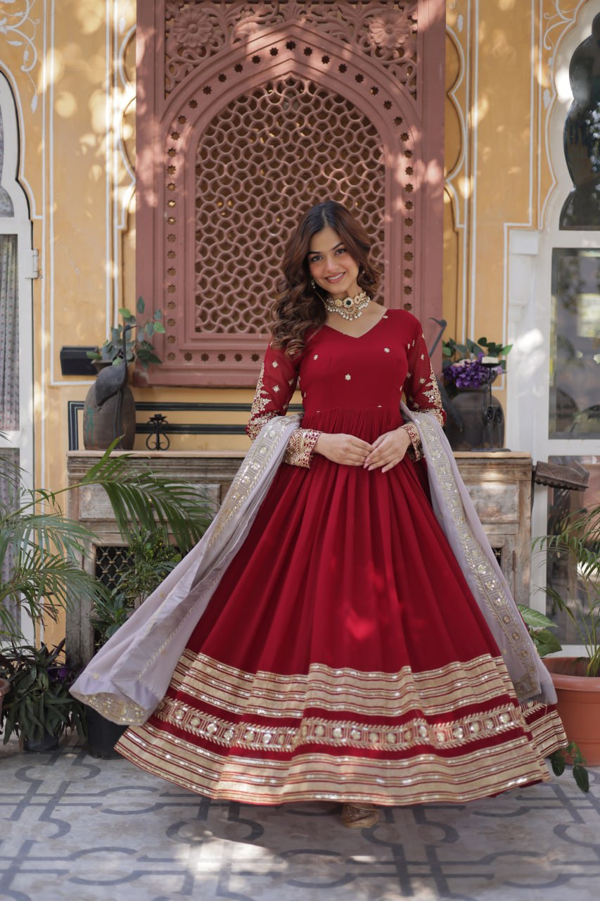 Bewitching Red Zari Embroidered Georgette Festival Wear Gown