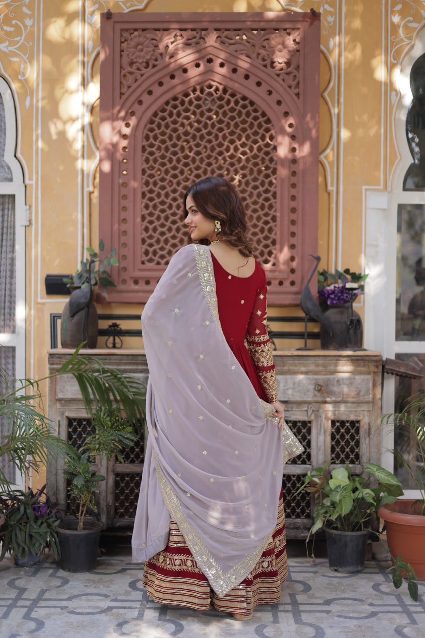 Bewitching Red Zari Embroidered Georgette Festival Wear Gown