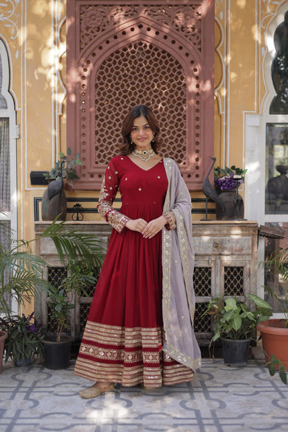 Bewitching Red Zari Embroidered Georgette Festival Wear Gown