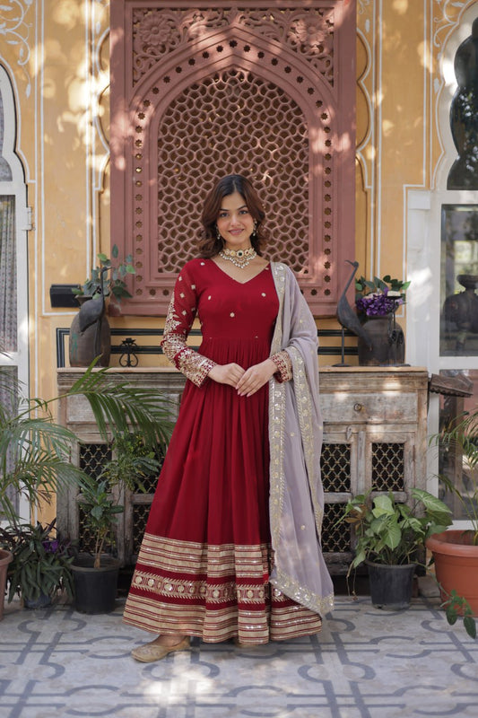 Bewitching Red Zari Embroidered Georgette Festival Wear Gown
