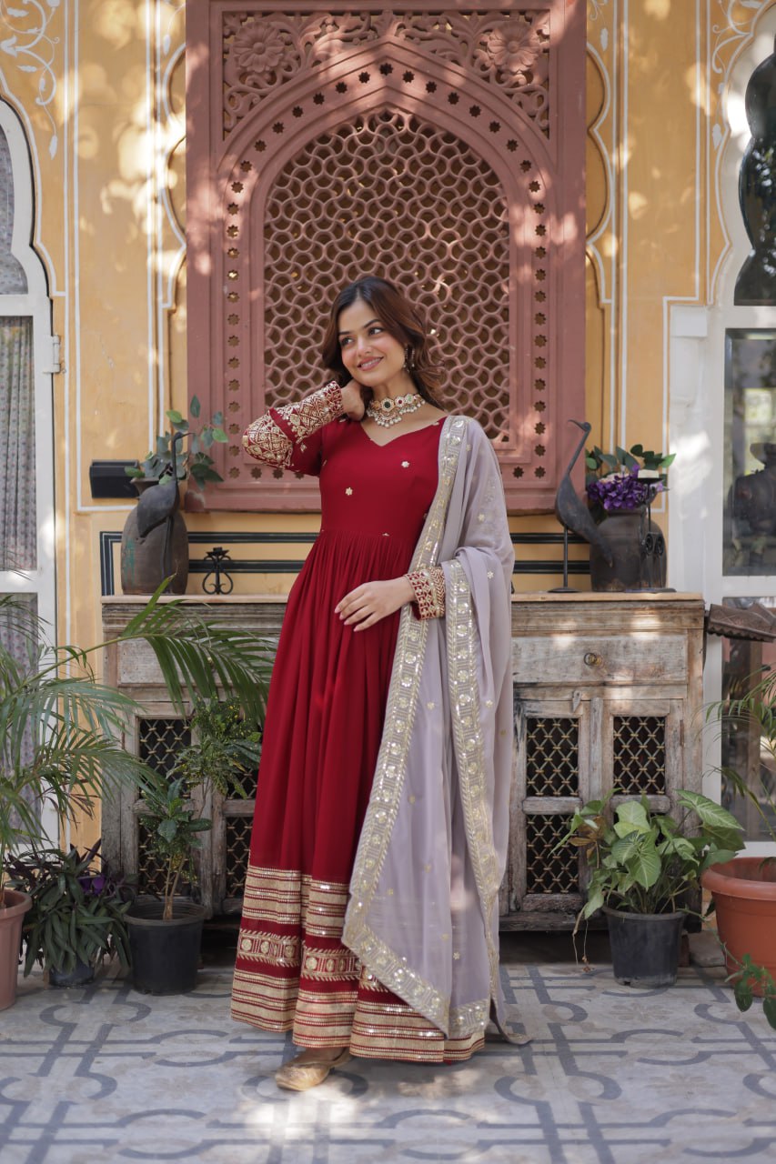 Bewitching Red Zari Embroidered Georgette Festival Wear Gown