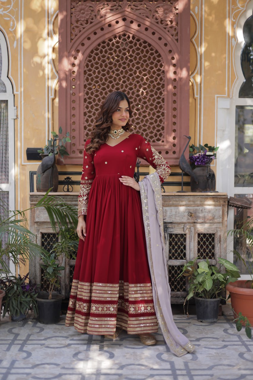Bewitching Red Zari Embroidered Georgette Festival Wear Gown