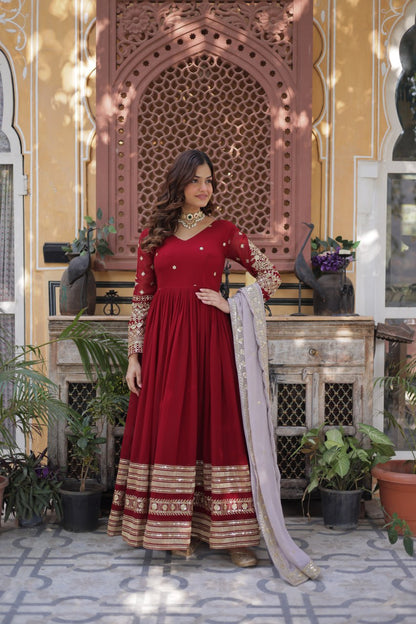Bewitching Red Zari Embroidered Georgette Festival Wear Gown
