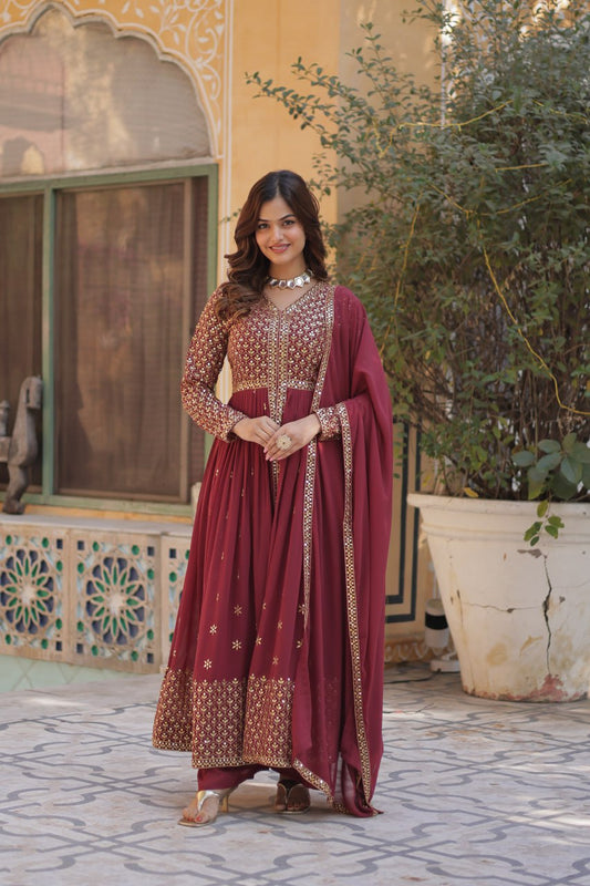 Maroon Georgette Embroidered Sharara Suit Set