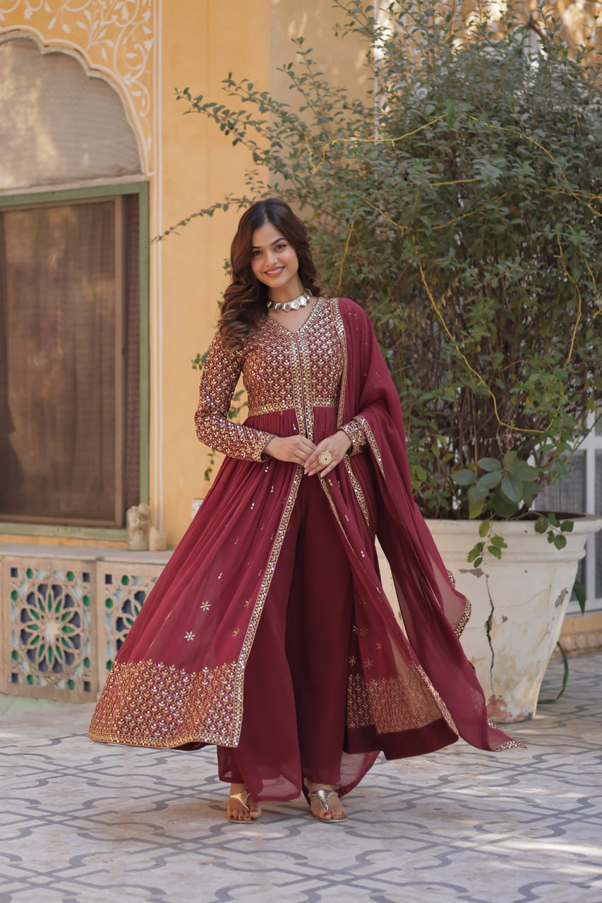 Maroon Georgette Embroidered Sharara Suit Set