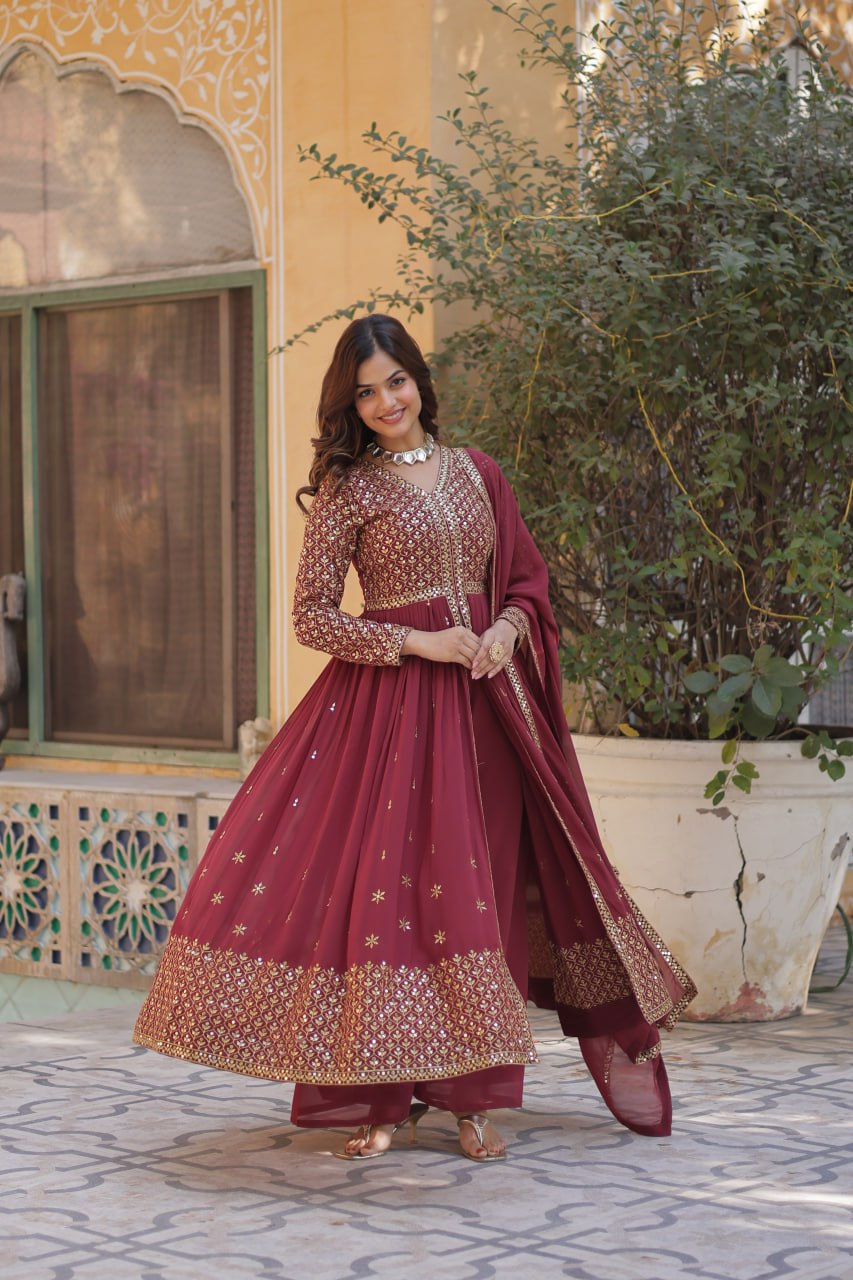 Maroon Georgette Embroidered Sharara Suit Set