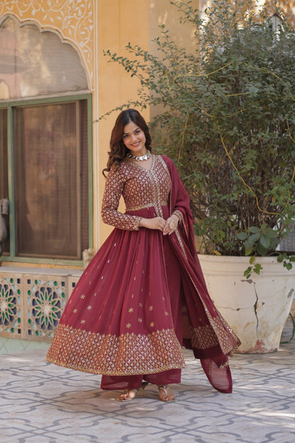 Maroon Georgette Embroidered Sharara Suit Set