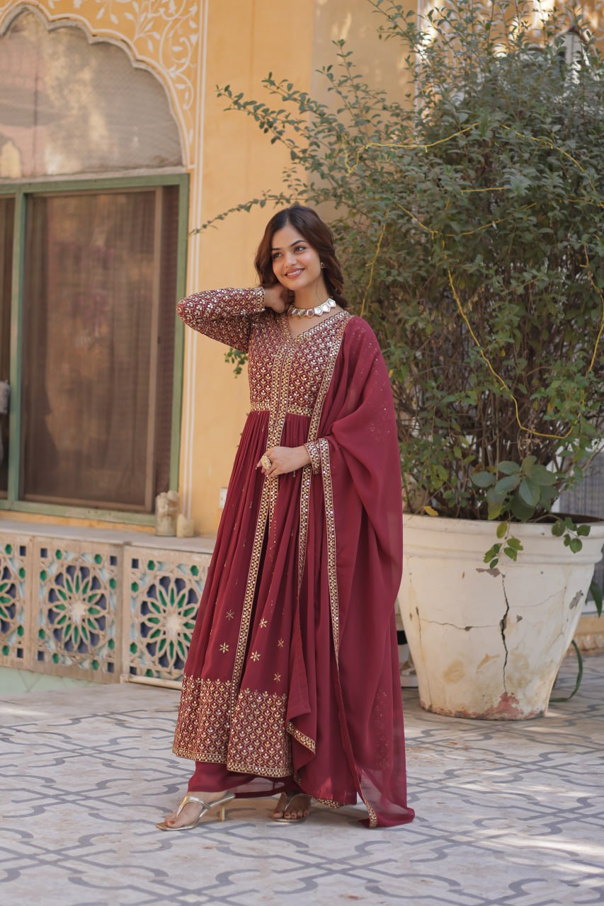 Maroon Georgette Embroidered Sharara Suit Set