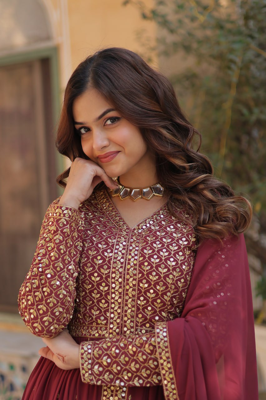 Maroon Georgette Embroidered Sharara Suit Set