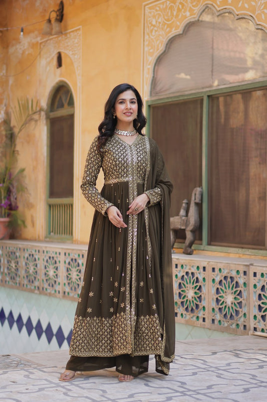 Mehndi Georgette Embroidered Sharara Suit Set