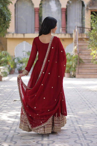 Stunning Maroon Sequins Georgette Festival Wear Gown With Dupatta